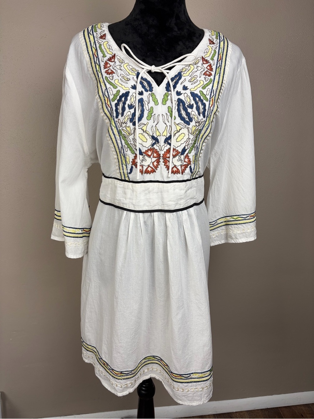 Boho Embroidered Tie Waist Tunic Mini Dress White Caftan Peasant Festival XL/2XL - Picture 2 of 15